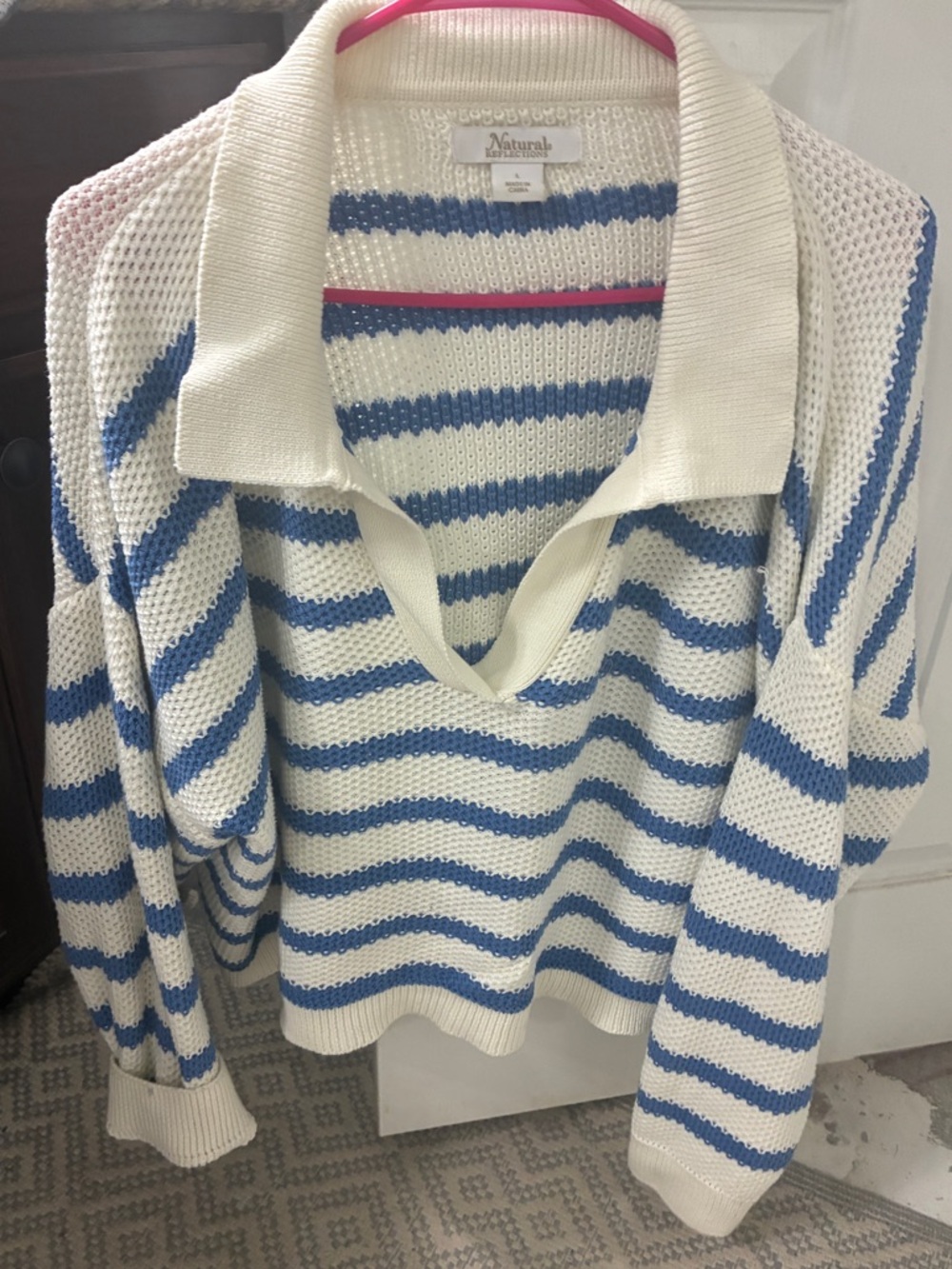 Natural Reflections Cream and Blue Striped Collared V-Neck Sweater